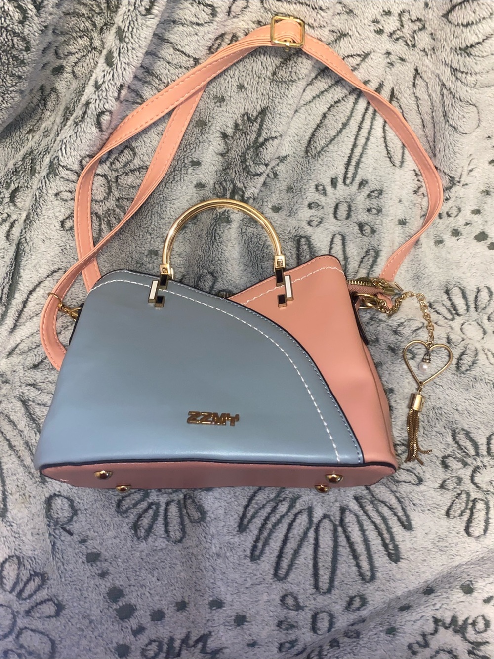 Two-Tone Pink & Light Blue Crossbody Satchel with Gold Handle